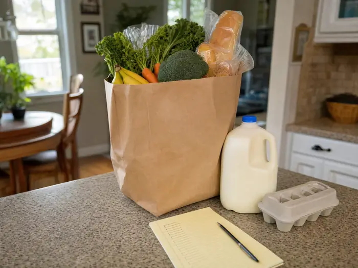 A grocery bag, milk and a shopping list on a kitchen counter