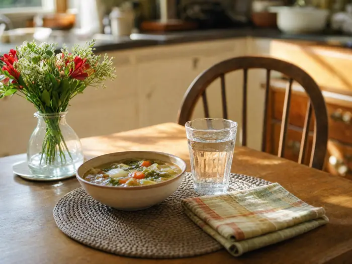 A bowl of vegetable soup and a glass of water set on a kitchen table